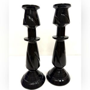 Pair of Black Onyx Candlesticks – 8” Tall – Modern / Hollywood Regency Style